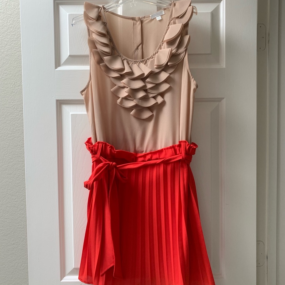 Nude ruffle top & red pleated bottom dress w/ bow